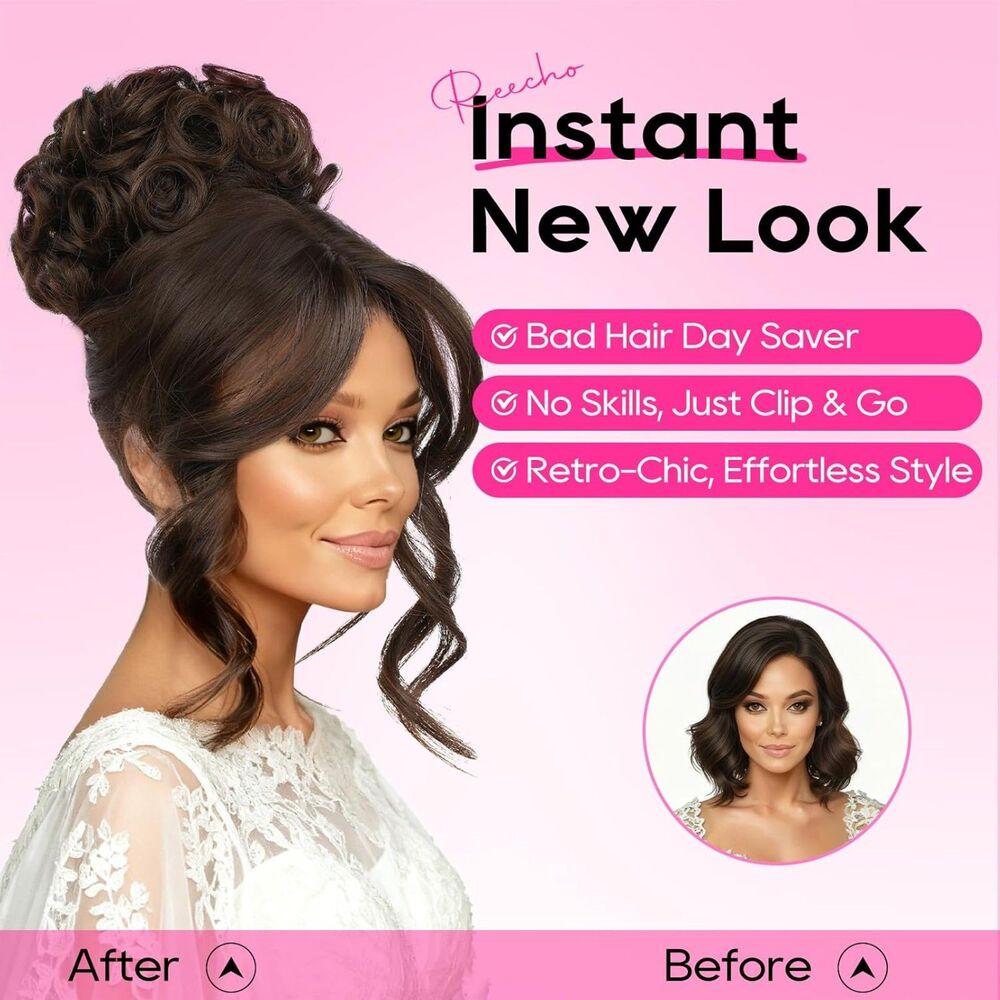 REECHO 2-in-1 Messy Bun Hair Piece with Long Side Bangs – Chocolate Brown